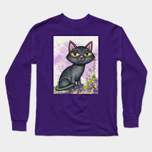 Cute black cat with purple background and flowers Long Sleeve T-Shirt